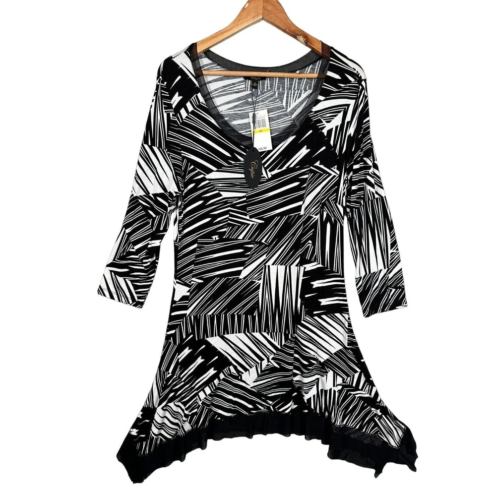 NWT Cupio Womens Dress Medium Black White Stretch Long Sleeve A-Line Geometric